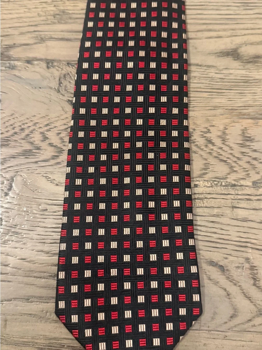 Jos. A. Bank Black Tie with Red and Cream Square Pattern